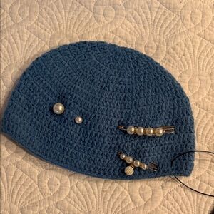 Blue Crochet Beanie with Pearl Accents